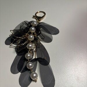Elegant Gold and Black Floral Pearl Bag Charm
